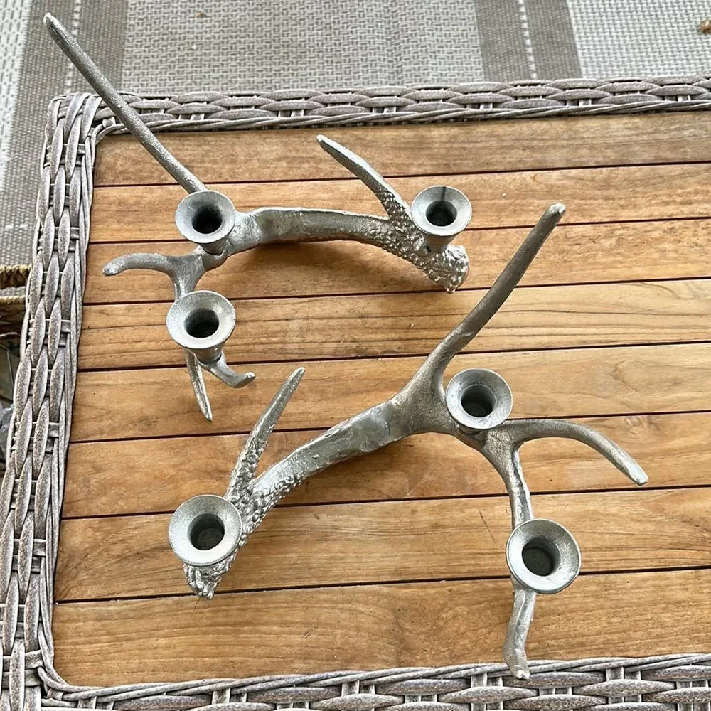 - Vintage Deer Antler Aluminum Candle Stick Holder Decor (2)